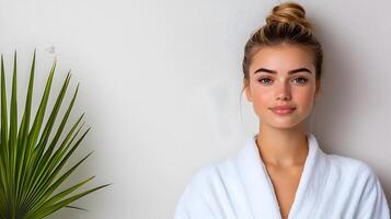 Radiant Woman in Spa Robe Enjoys Relaxation on White Background photo