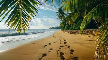 Serene Beach Landscape with Footprints Leading to the Ocean Framed by Palm Trees photo