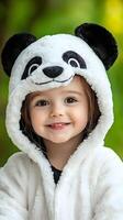 Adorable Smiling Child in Panda Hoodie Enjoying Nature with Cheerful Expression in Soft, Cozy Fabric Underbright Green Background photo