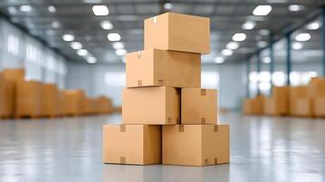 Stacked Brown Cardboard Boxes in an Industrial Warehouse Setting with Blurred Background Depicting Storage and Distribution Scene photo