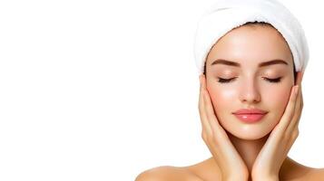 Radiant Woman in Spa Robe Enjoying Relaxation on White Background photo