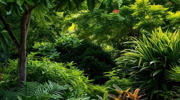 Lush Garden Scene with Harmonious Green Hues and Peaceful Ambiance photo