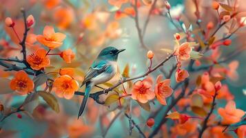 Vibrant Blooms and Perched Bird A Captivating Nature Scene photo