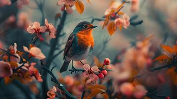 Vibrant Bird on Flowering Branch in Spring Garden photo