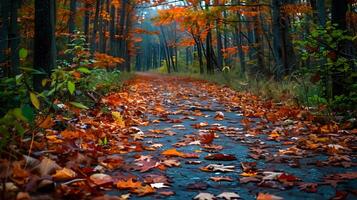 Serene Autumn Forest Path Covered in Fallen Leaves photo