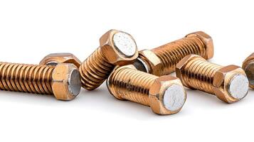Close-Up View of Bronze Bolts Piled Together, Highlighting the Textured Surface and Unique Coloration of Metal Hardware for Construction and Industrial Applications photo