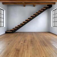 Bright and Spacious Interior with Wooden Staircase Leading to Upper Level in Minimalist Style, Showcasing Natural Light and Simple Design Elements photo