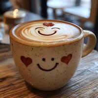 Cozy Coffee Cup with Whimsical Latte Art Featuring a Smiley Face and Heart Designs Creating a Warm and Cheerful Ambiance for Coffee Lovers photo