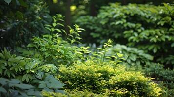 Serene Garden Oasis with Lush Green Foliage and Tranquil Atmosphere photo