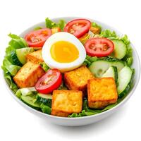 Fresh and Colorful Salad Bowl with Tofu, Sliced Tomatoes, Cucumbers, and a Soft Boiled Egg Served on a Bed of Crisp Lettuce for a Healthy Meal photo