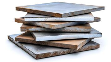 Stacked Sheets of Metal with Textured Finish Featuring Industrial Aesthetic in Varied Tones of Gray and Brown, Perfect for Background or Design Use photo