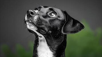 A Close-Up Portrait of a Black Dog with Attention-Seeking Expression Gazing Upward Against a Soft Green Background in Monochrome Style photo
