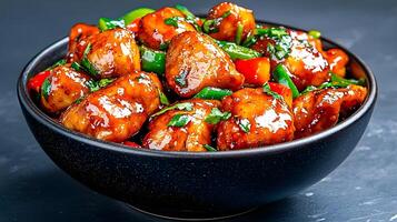 Delicious and Colorful Chicken Stir-Fry with Vibrant Vegetables in a Black Bowl on a Dark Background, Perfect for Culinary Creativity and Appetizing Presentation photo