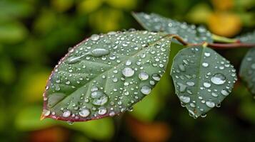 Closeup of Lush Green Leaf with Glistening Raindrops Reflecting Verdant Surroundings photo