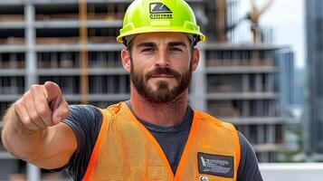 Confident construction worker in hard hat pointing to the camera at a building site with modern structures under construction in the background photo
