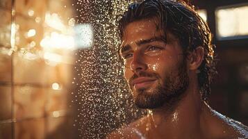 Serene Man Enjoying Refreshing Shower with Water Drops Glimmering in Soft Light, Close-Up of a Handsome Guy Experiencing Relaxation and Tranquility in a Private Bathroom Setting photo