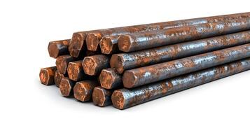 Stacks of Rusty Hexagonal Steel Rods for Industrial Use, Close-Up View of Corroded Metal Bars, Heavy Duty Construction Materials, Rust Texture and Detail photo