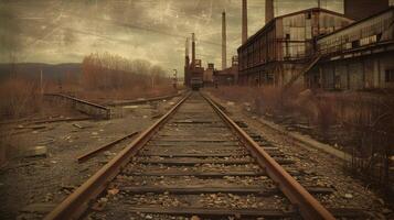 An Eerie Industrial Train Track Leading to an Abandoned Factory in a Desolate Landscape with Muted photo