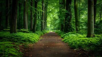 Lush Green Forest Path with Tranquil Nature Scenery photo