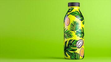 Vibrant Tropical Juice Bottle Design Featuring Bright Yellow Background with Leaf and Fruit Patterns for Refreshing Beverage Marketing Appeal photo