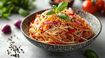 Fresh and Colorful Asian Noodle Salad with Fresh Vegetables, Herbs, and Spices, Served in a Rustic Bowl, Perfect for Healthy Eating and Culinary Experience photo