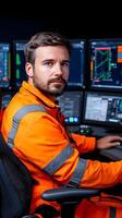 Focused Engineer in Bright Safety Gear Operating Advanced Controls in a Modern Industrial Environment with Multiple Digital Displays and Monitoring Equipment photo