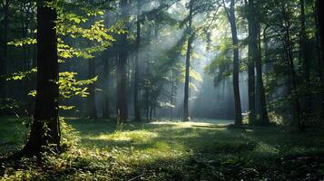 Serene Forest Landscape with Soft Sunlight Filtering Through Lush Foliage photo