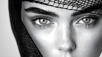 Close-Up Portrait of a Young Woman with Intriguing Eyes and a Delicate Veil, Highlighting Emotion and Depth in Monochrome Photography photo