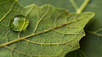 Captivating Closeup of a Single Green Leaf with Glistening Water Droplet photo