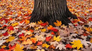 Vibrant Autumn Carpet Surrounding Tree Trunk in Peaceful Forest Landscape photo