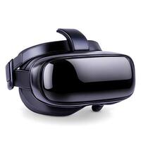 Sleek Black Virtual Reality Headset on a White Background for Immersive Gaming, Exploring New Realities, and High-Tech Entertainment Experiences photo