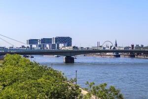 View over the Rhine in Cologne in Germany at fine weather with the famous buildings of the skyline in the background. photo