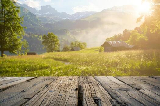 rustic product display with wooden surface and summer morning light in alpine meadow background photo