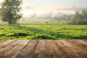 wooden product display with green meadow and cows summer light background for sustainable dairy products photo