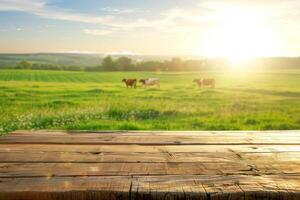 product display scene with wooden surface and summer morning light over green meadow with cows, ideal for dairy products and food themes photo