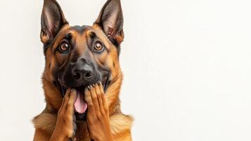 The joyful dog shows excitement with a surprised expression and playful stance photo