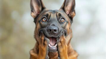 A delighted Belgian Malinois puppy shows joy and curiosity with playful enthusiasm photo