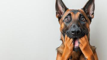The dog shows an exaggerated expression of shock with its paws on its face photo