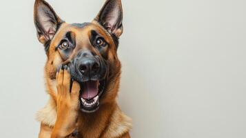 A happy German Shepherd cheers with its paw on its face, creating a funny moment photo