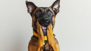 A joyful dog expresses excitement with a playful pose and wide-eyed wonder photo