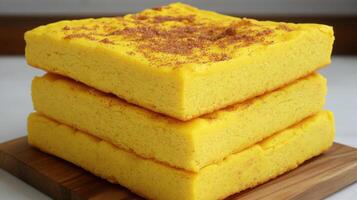 Enjoying a stack of vibrant, fluffy yellow cake dusted with aromatic spices photo
