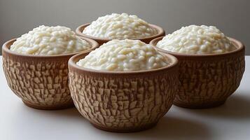 Delicious rice pudding is presented in unique, rustic bowls, inviting a sweet treat photo