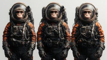 Three intelligent primates donning unique space gear prepare for an interstellar journey photo