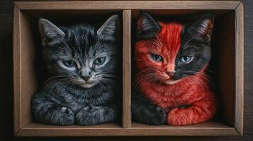 Two playful cats, one gray and one red, snuggly resting in a wooden box together photo