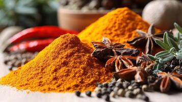 Bright piles of spices and herbs create a colorful culinary display photo
