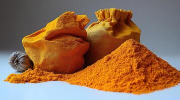 Golden turmeric powder spills from cloth bags, infusing warmth and flavor into cooking photo