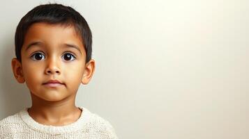 A curious little boy stands quietly, reflecting innocence and wonder in his gaze photo