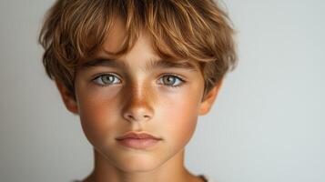 un joven chico con cautivador ojos expresa curiosidad y inocencia en un sereno fondo foto