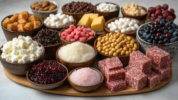 A vibrant collection of candies, nuts, and snacks arranged beautifully for indulgence photo