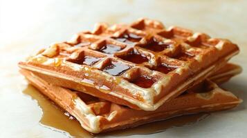 Deliciously golden waffles drenched in syrup await enjoyment at a quaint diner photo